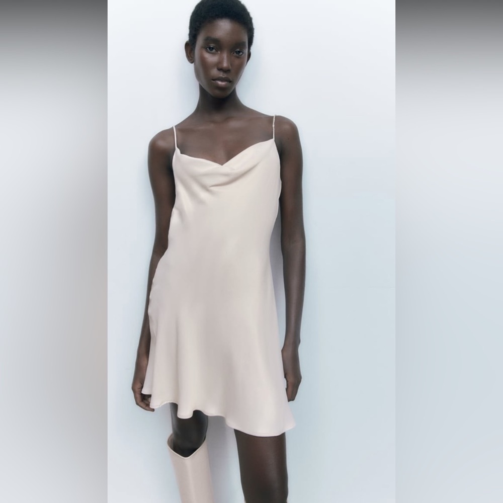 NEW ZARA Silky Satin Taupe Cowl Neck Mini Slip Dress Rhinestone Strap Fit&Flare